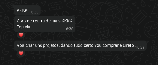 Depoimento real de cliente MagoMarket no WhatsApp: 'Cara deu certo de mais KKKK, Top viu. Vou criar uns projetos, dando tudo certo vou comprar é direto'